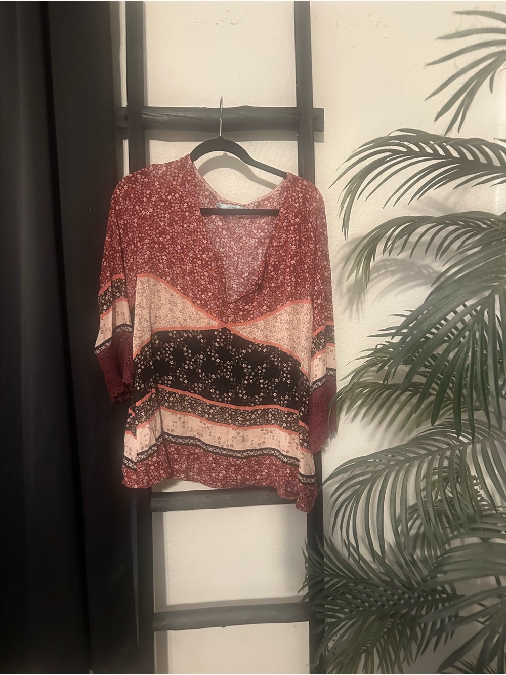 Maurices Red Floral Patchwork V-Neck Tunic